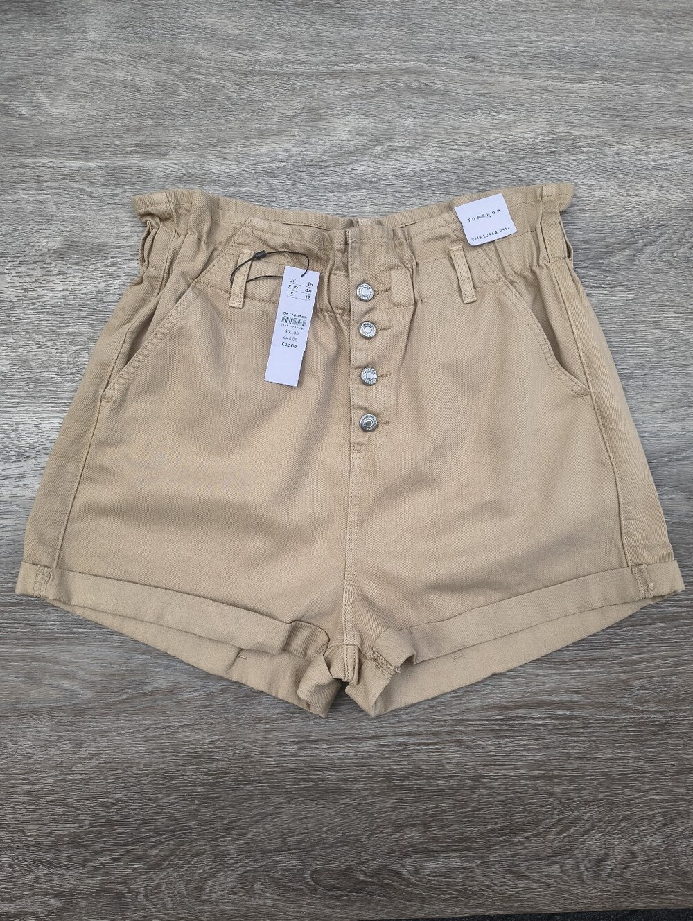 Topshop Beige Denim High Waisted Paperbag Shorts NWT